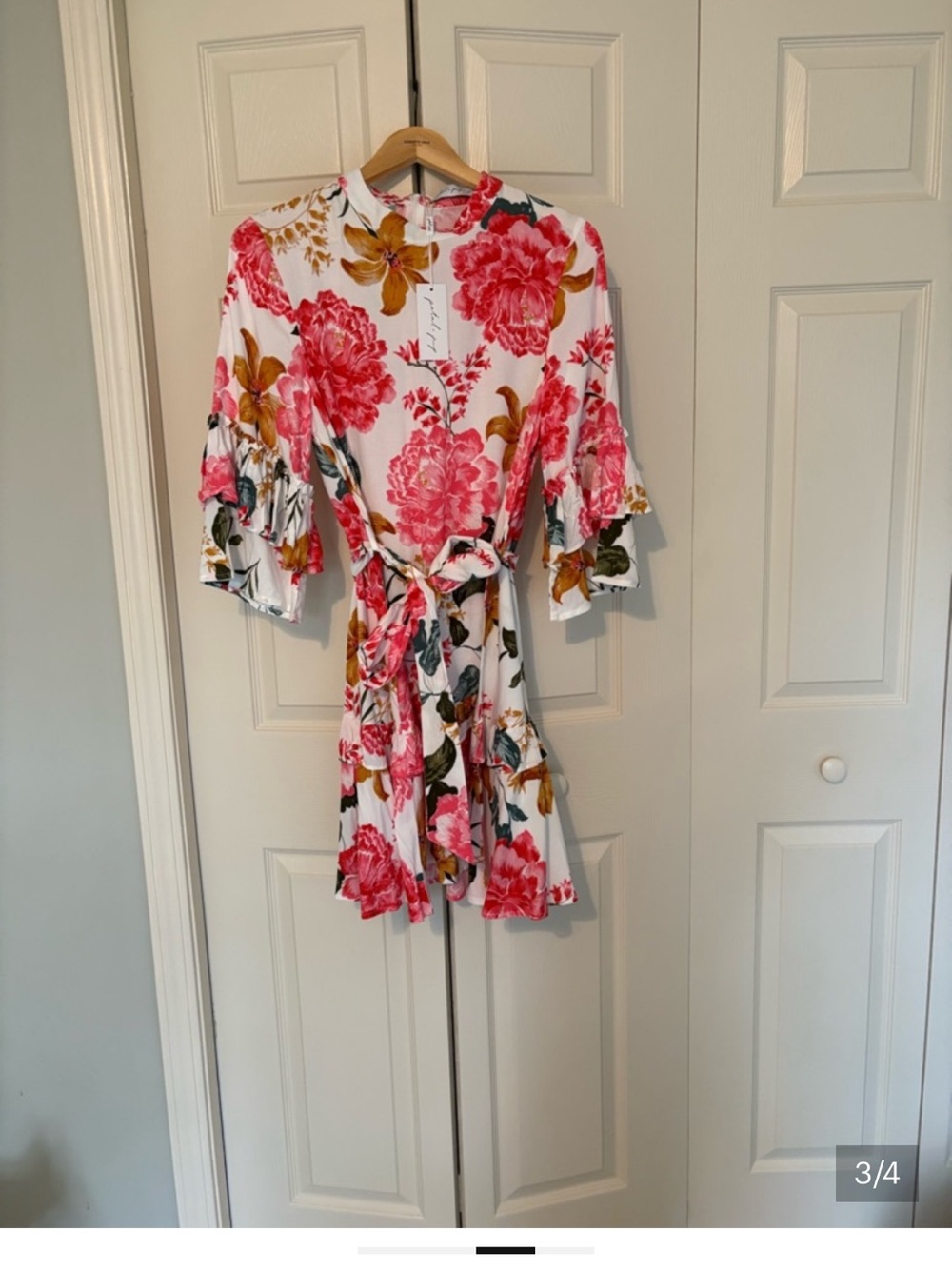 Petal & Pup | White Tiered Mini Dress with Pink & Green Floral - Picture 2 of 2